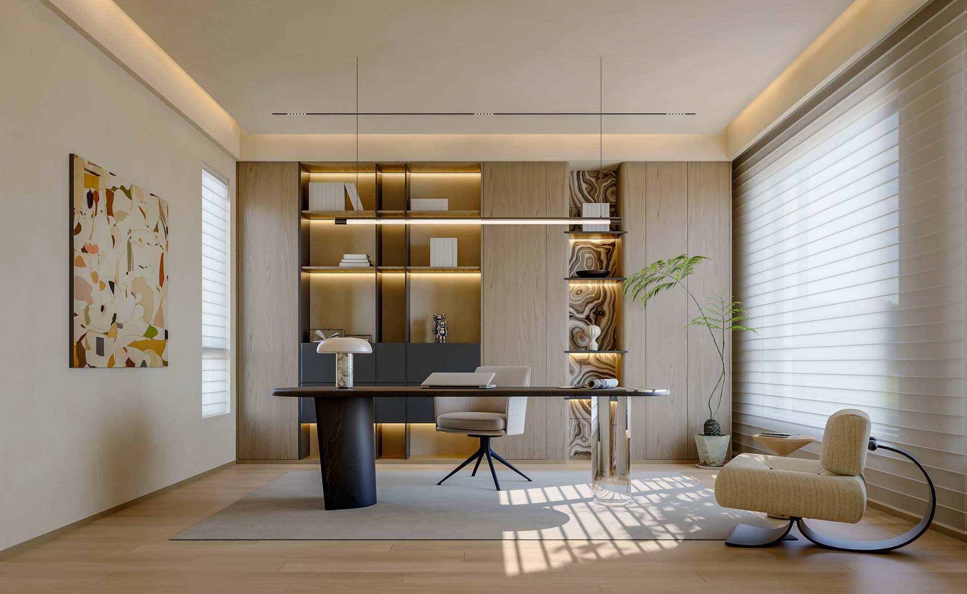 Ein Beispiel für ein modernes Büro: Warme Beigetöne schaffen eine Atmosphäre, in der man gerne arbeitet. Ein gelungenes Beispiel für gutes Interior Design im Büro.