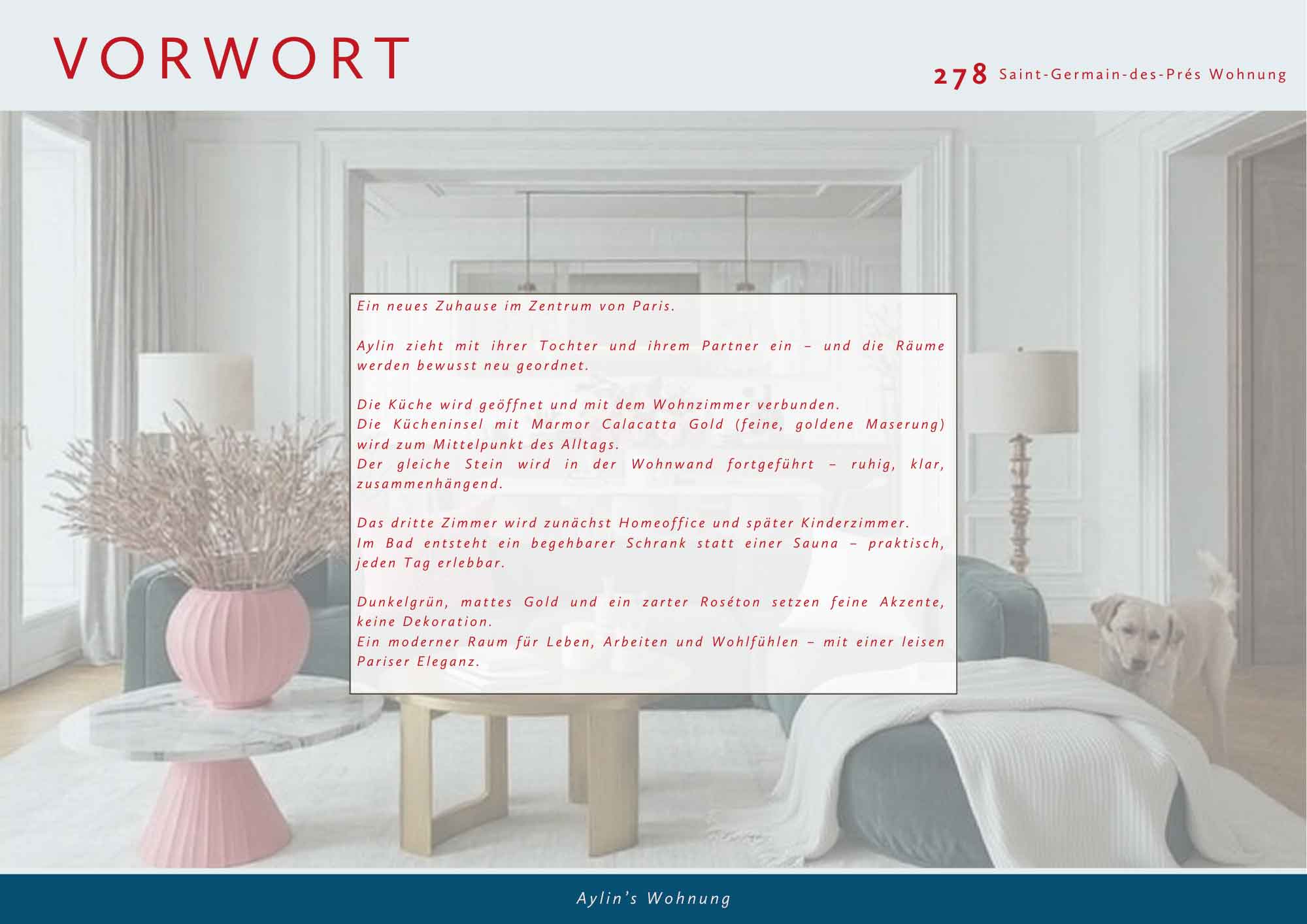 Seite 2 des Moodboards (Beispielwohnung Paris): Einleitende Worte und Erläuterungen des Konzeptes.