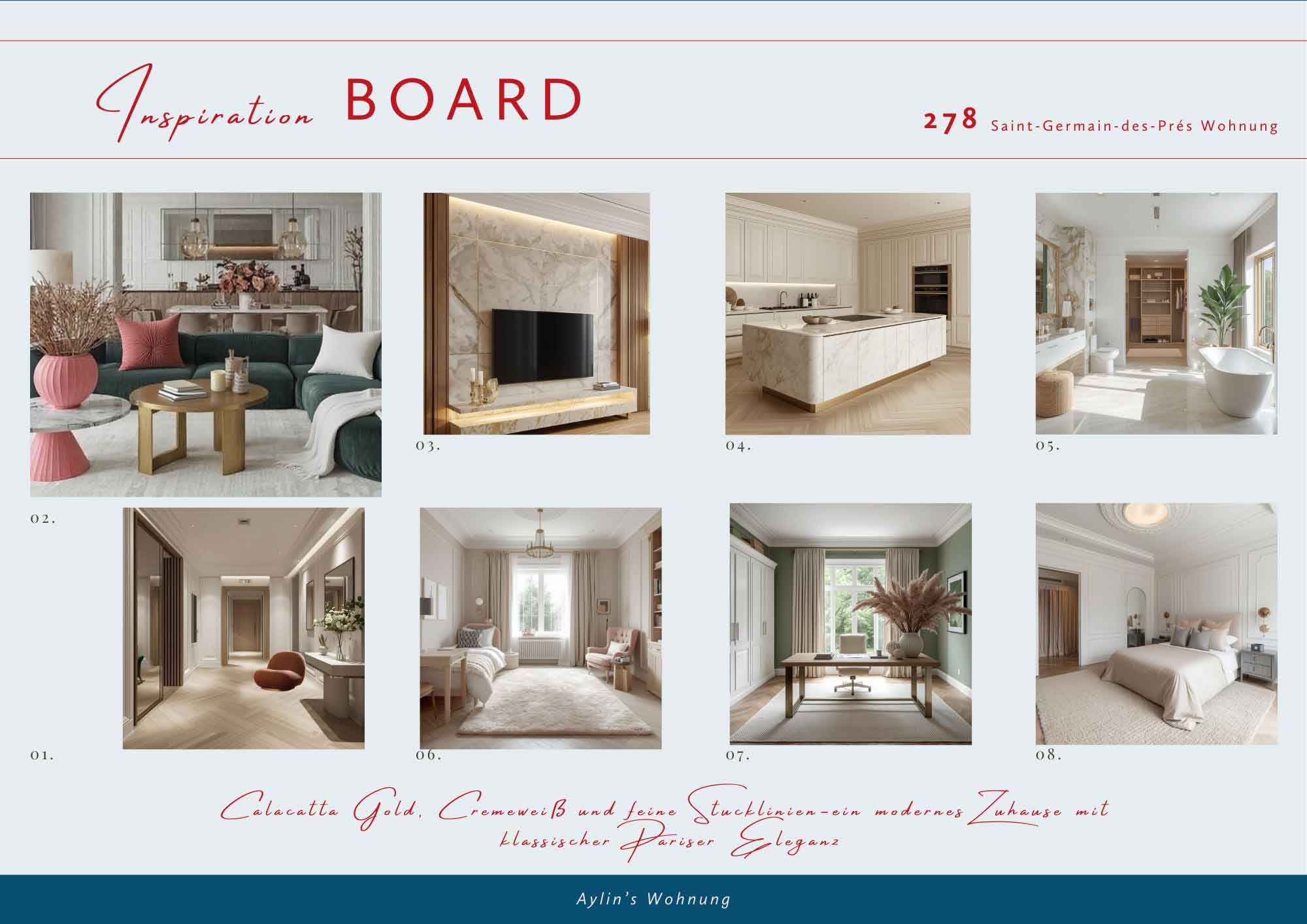 Seite 4 des Moodboards (Beispielwohnung Paris): Hier werden verschiedene Räume mit der Umsetzung des Interior Design Konzeptes beispielhaft aufgezeigt.