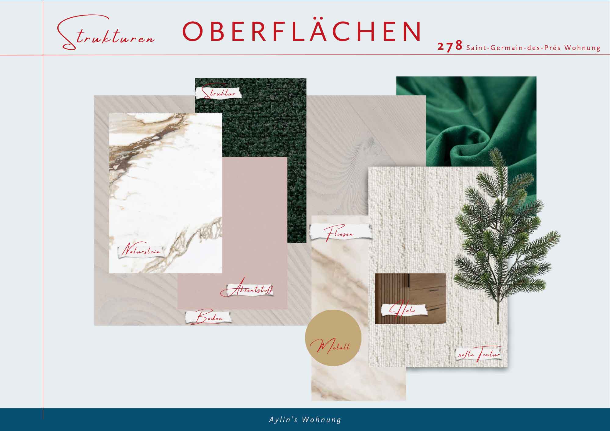 Seite 5 des Moodboards (Beispielwohnung Paris): Das Interior Design Konzept wird um Strukturen und Oberflächen erweitert.