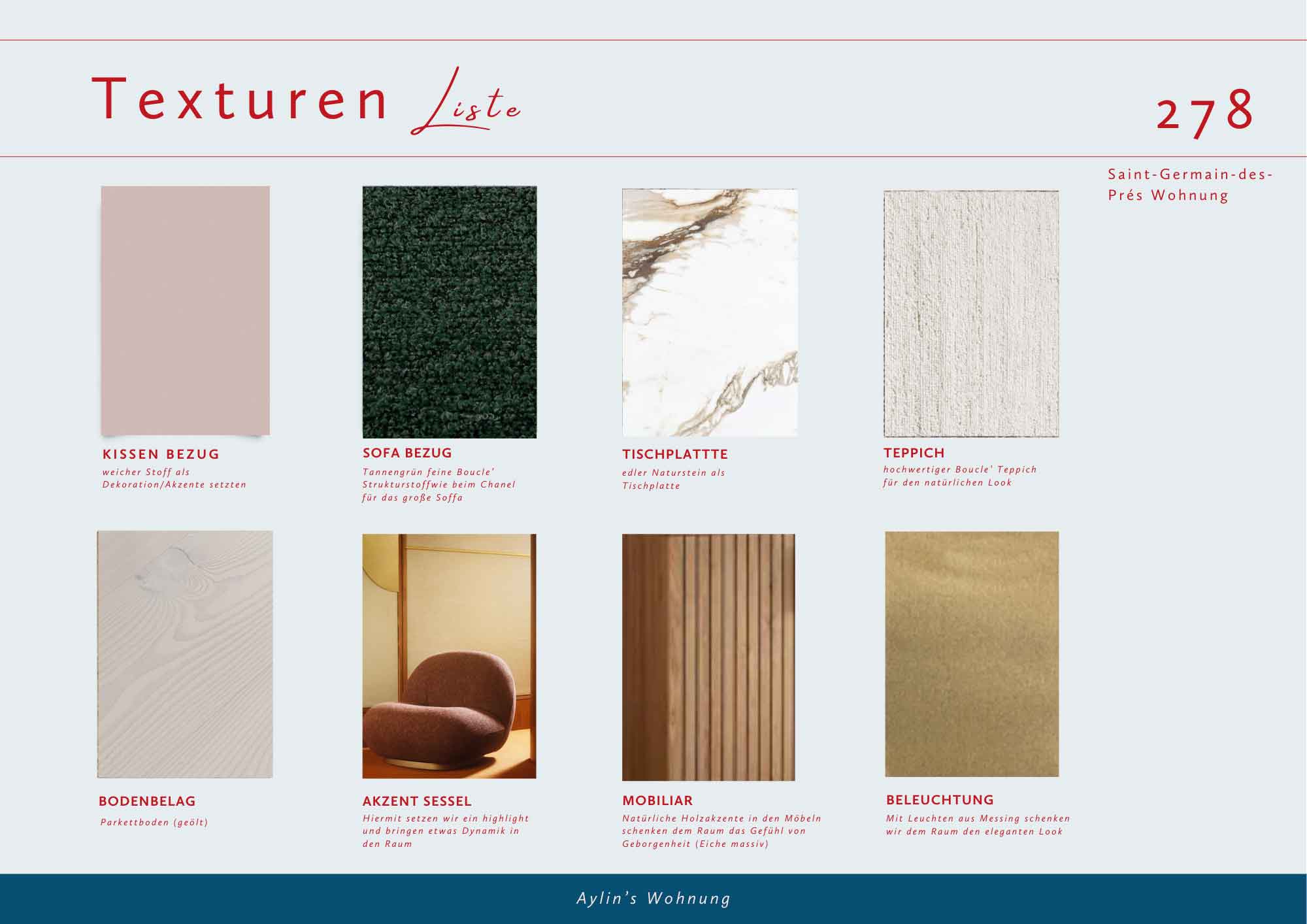 Seite 6 des Moodboards (Beispielwohnung Paris): Das Interior Design Konzept wird um Texturen für Kissen, Sofa, Tischplatte, Teppich, Bodenbelag, Sessel, Mobiliar und Beleuchtung ergänzt.