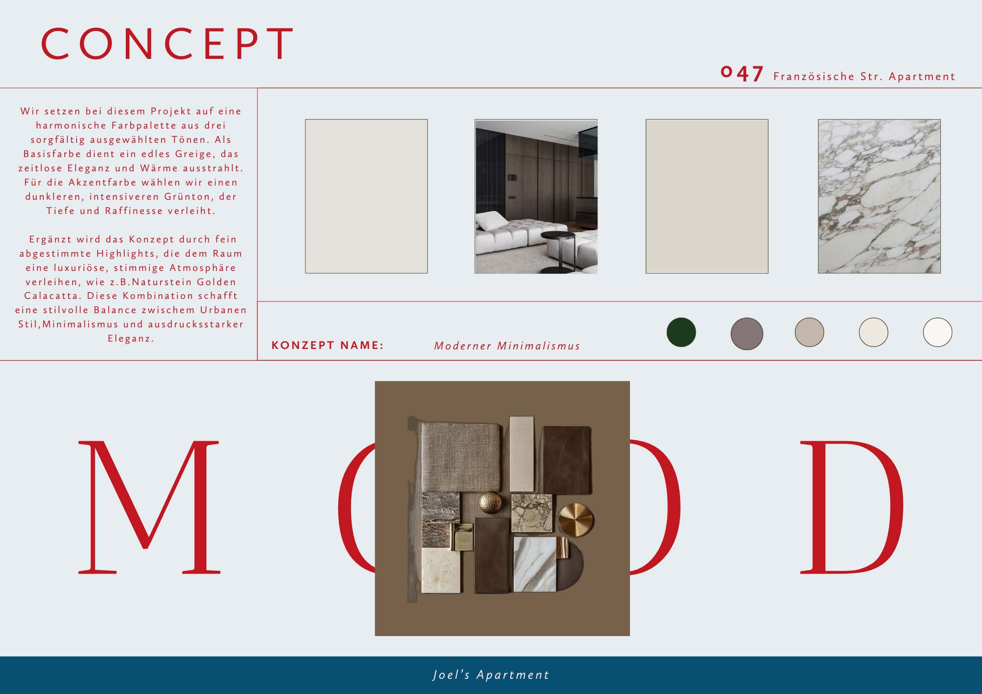 Seite 3 des Moodboards (Beispielwohnung Berlin): Definition der Farbpalette und weitere Erläuterung des Interior Design Konzeptes.