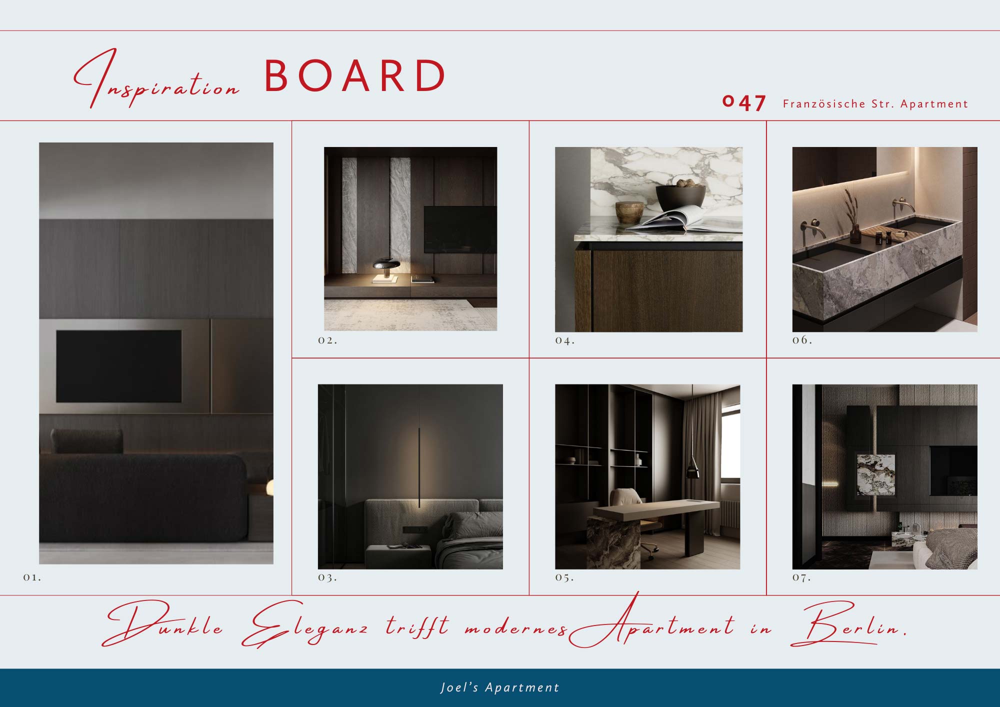 Seite 4 des Moodboards (Beispielwohnung Berlin): Hier werden verschiedene Räume mit der Umsetzung des Interior Design Konzeptes beispielhaft aufgezeigt.