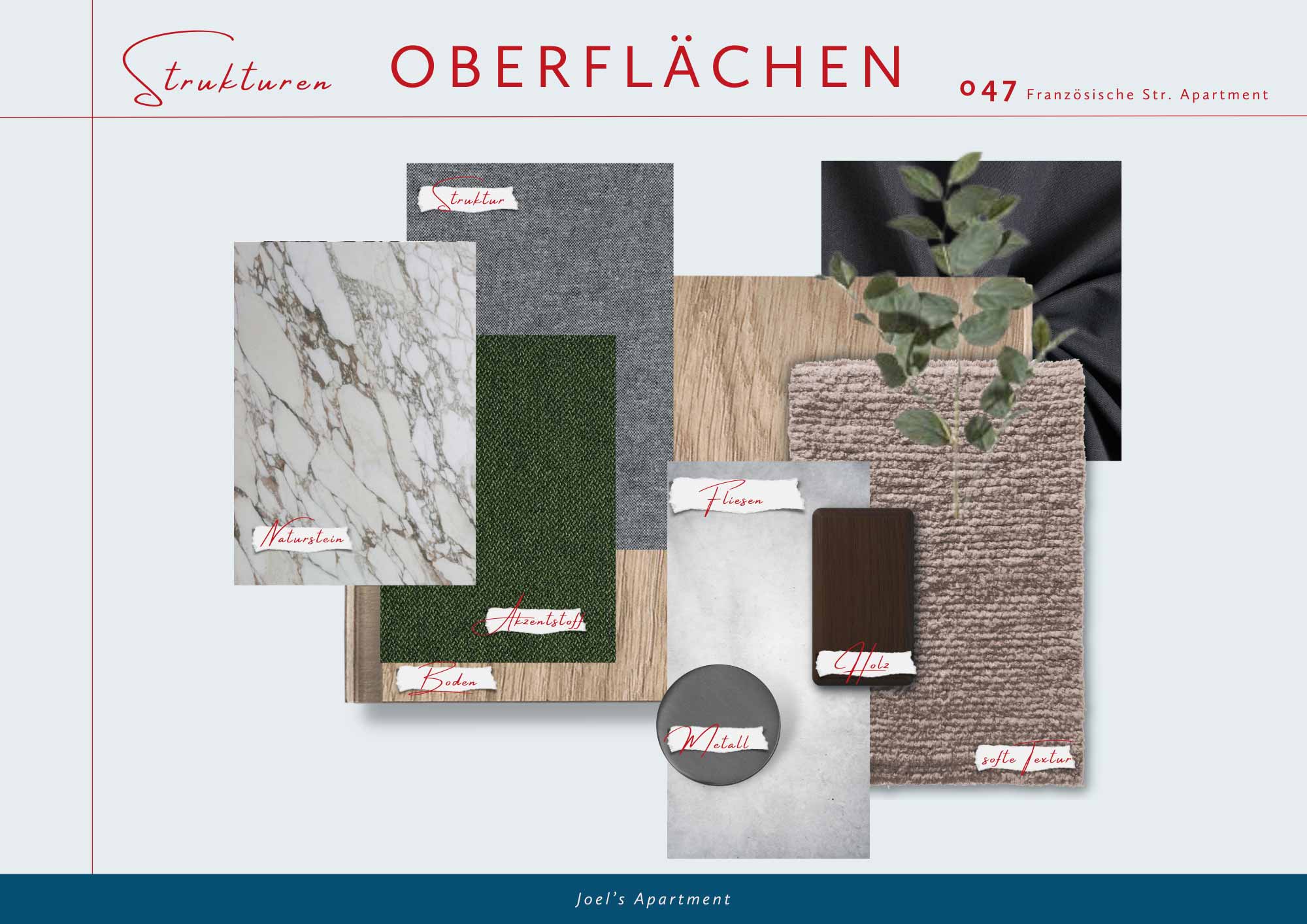 Seite 5 des Moodboards (Beispielwohnung Berlin): Das Interior Design Konzept wird um Strukturen und Oberflächen erweitert.